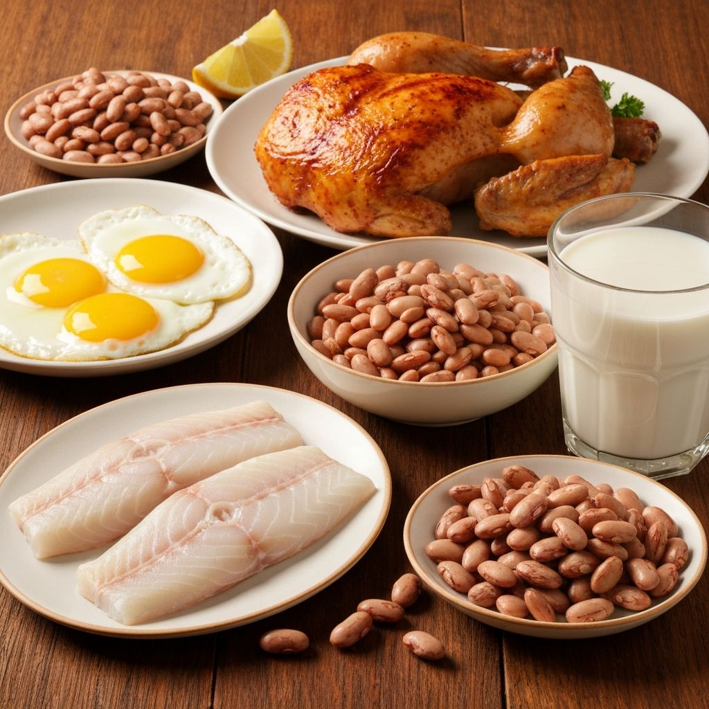 Protein sources including fish, eggs, and beans