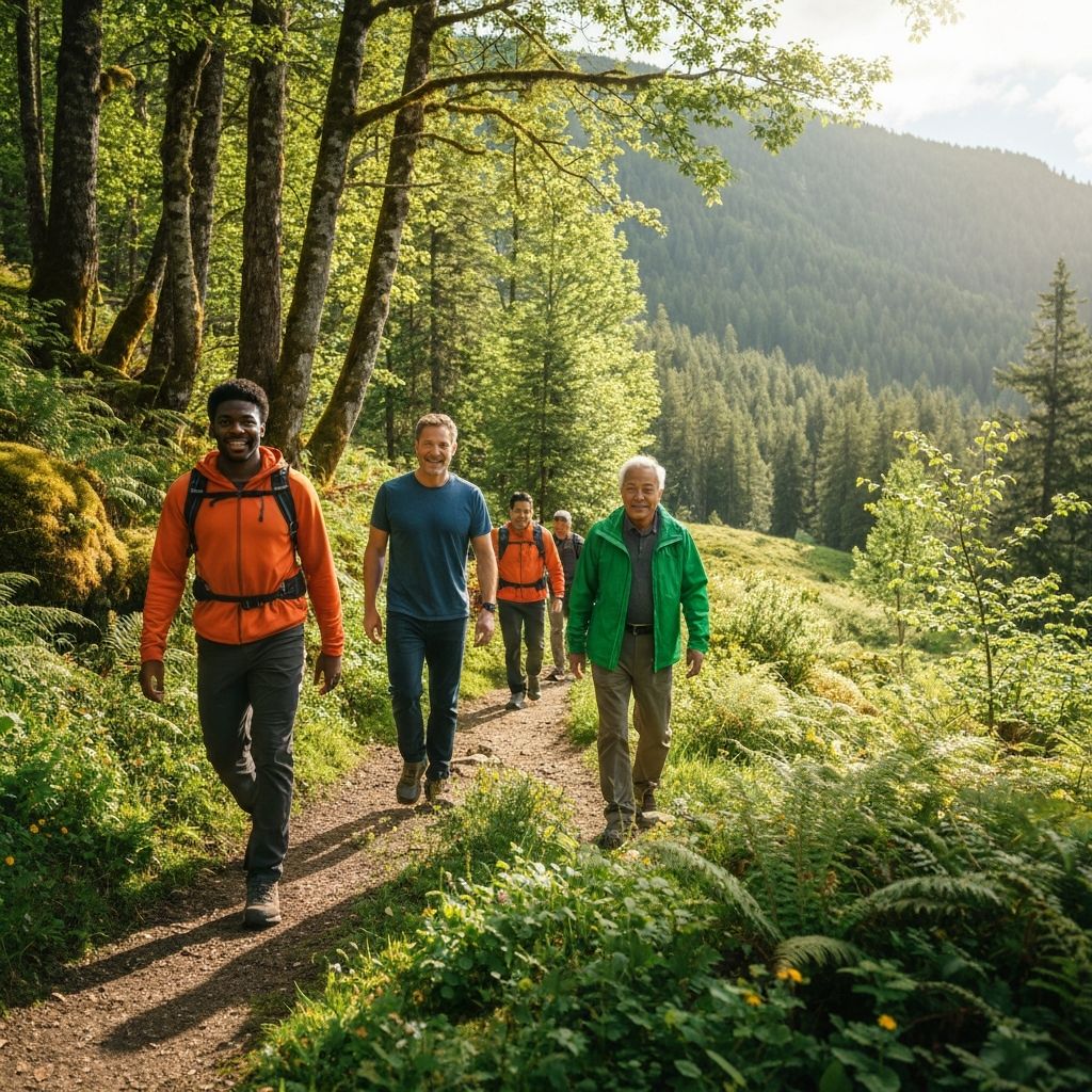 Diverse men walking outdoor in nature